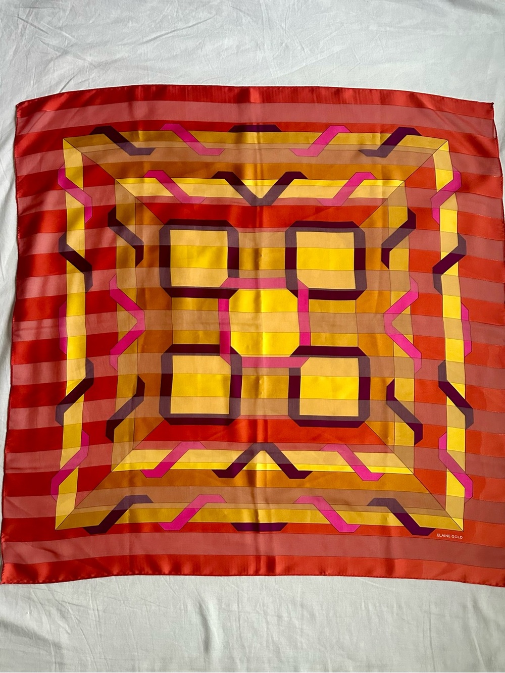 Vintage Elaine Gold Square Geometric Scarf in Orange, Yellow & Pink